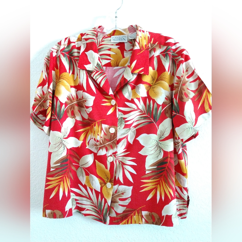 Fun Basic Editions CROP Hawaiian Floral Print Shirt Red Beige Large Chest 42"